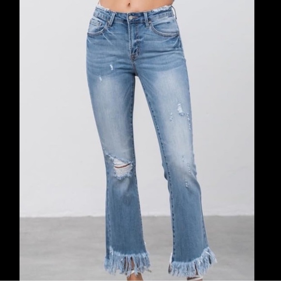 INSANE GENE Women's Mid Rise Long Bottom Frayed Crop Flare Jeans